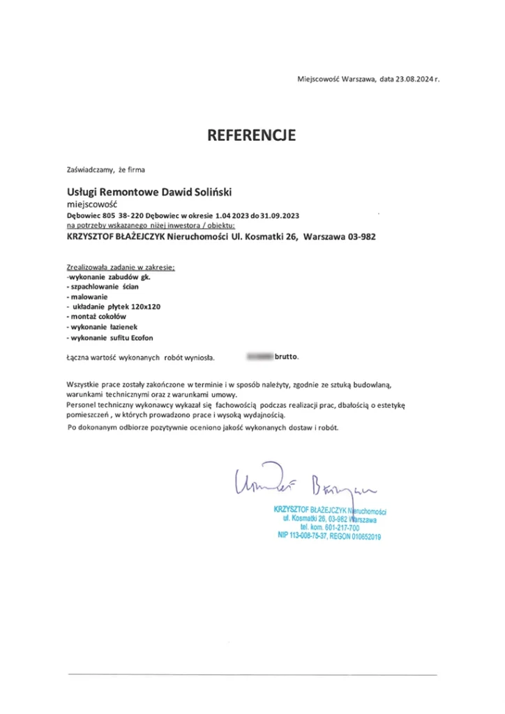 Referencje od Krzysztof Błażejczyk Nieruchomości dla REMONTY SOLIŃSKI